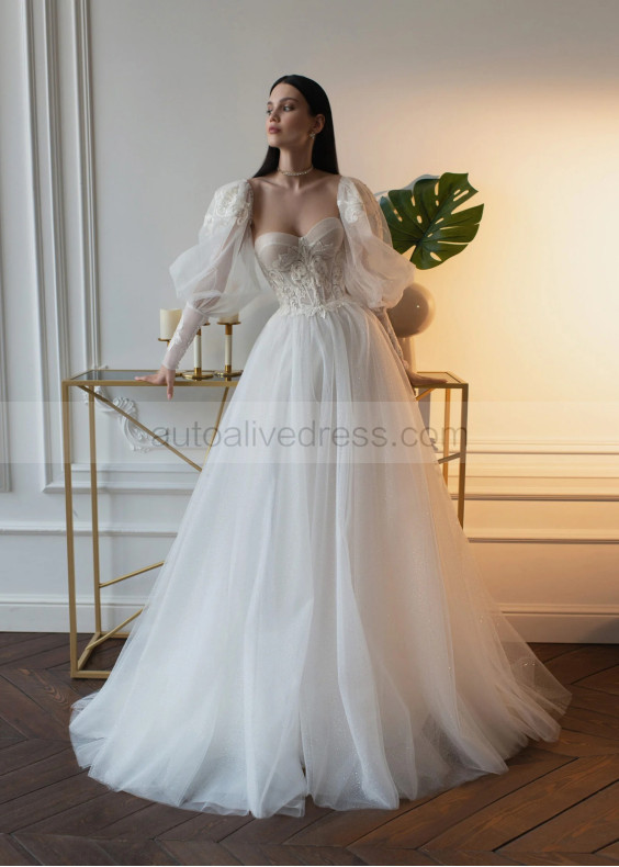 Ivory Lace Glitter Tulle Wedding Dress With Detachable Sleeves Ivory Lace Glitter Tulle Wedding Dress With Detachable Sleeves